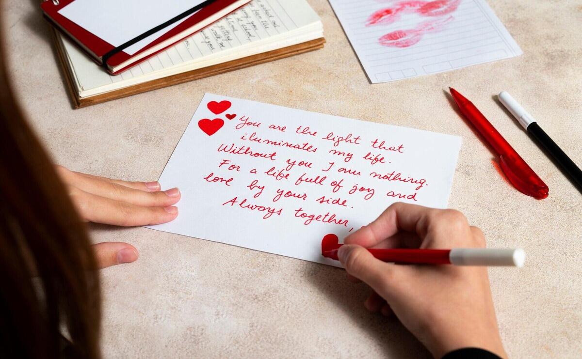 Woman writing a romantic love letter to someone