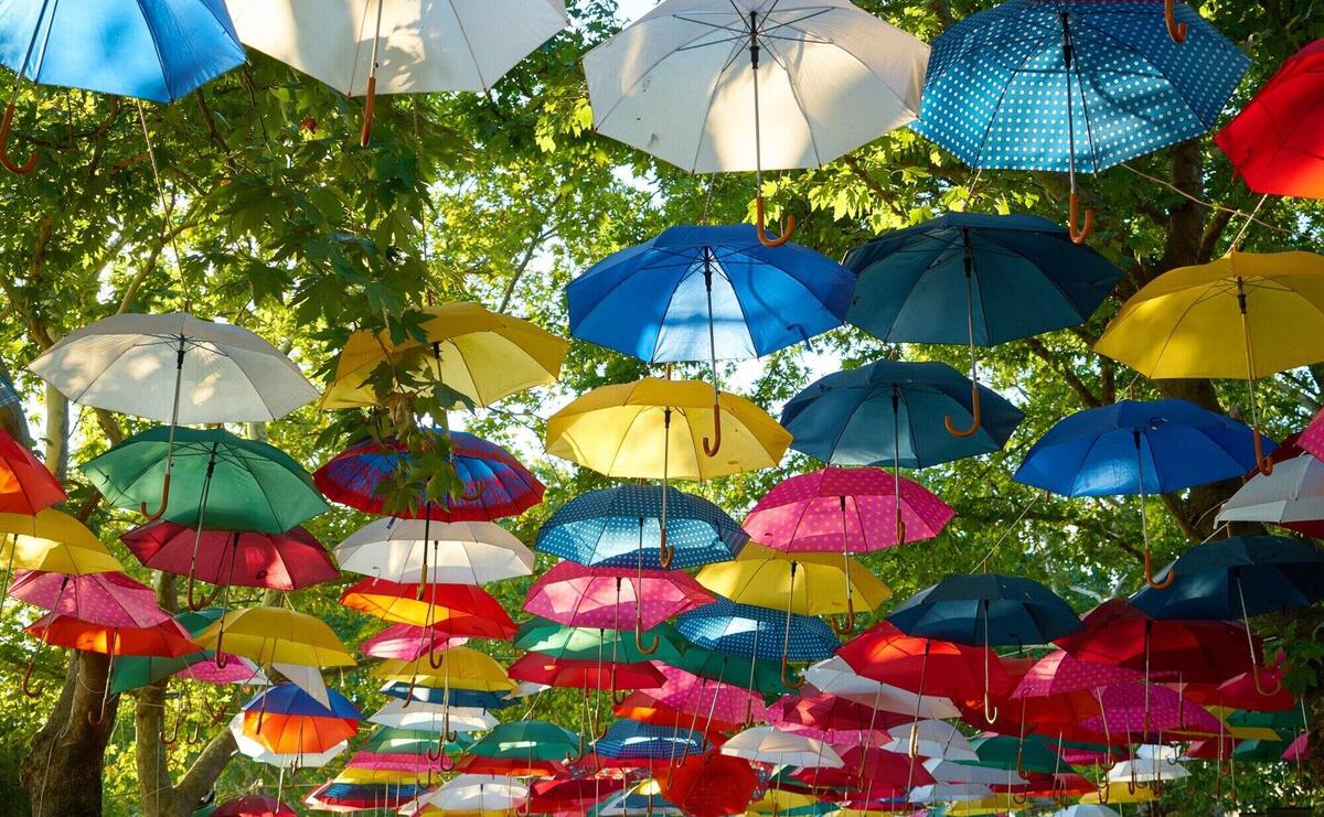 Park with colorful umbrellas