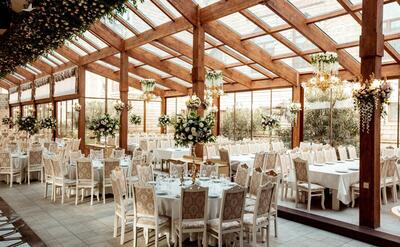 Restaurant ballroom ornated with flowers