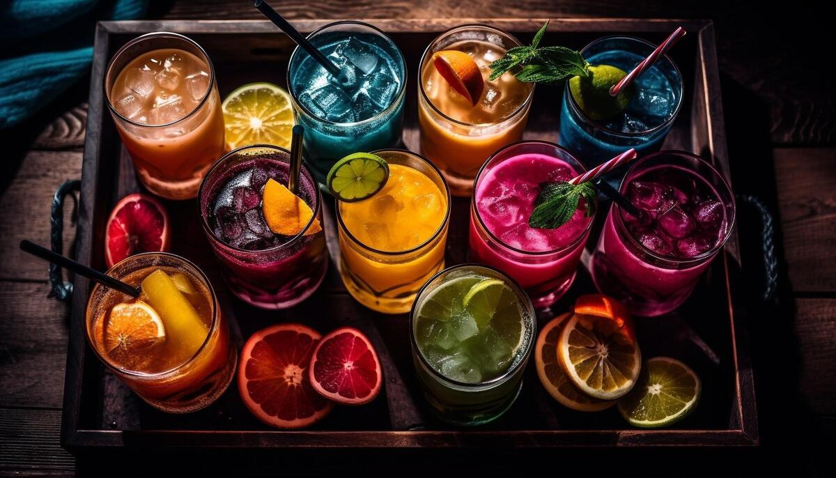Fruit filled cocktails on a rustic wooden bar generated by AI